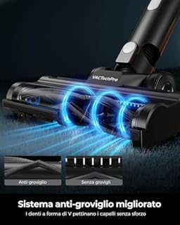 VACTechPro 550W/50Min/50KPA Aspirapolvere Senza Fili F02 Lite, Scopa Elettrica Senza Fili con Sistema di Filtraggio a 8 Strati, Aspirapolvere Senza Fili Potente per Pavimenti/Tappeti, Bianco E Nero