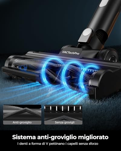 VACTechPro 550W/50Min/50KPA Aspirapolvere Senza Fili F02 Lite, Scopa Elettrica Senza Fili con Sistema di Filtraggio a 8 Strati, Aspirapolvere Senza Fili Potente per Pavimenti/Tappeti, Bianco E Nero