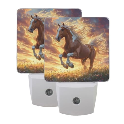 Image of Brown Horse Run Night Lights 2 Pack Plug-in Wall Led Nightlight Auto Dusk-to-Dawn Sensor Lamps for Bedroom Kitchen Bathroom