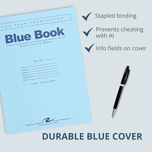 ROARING SPRING Exam Blue Books, 50 School Examination Booklets, 11" x 8.5", 8 Sheets/16 Pages, Wide-Ruled with Margin Student Testbook, Made in USA