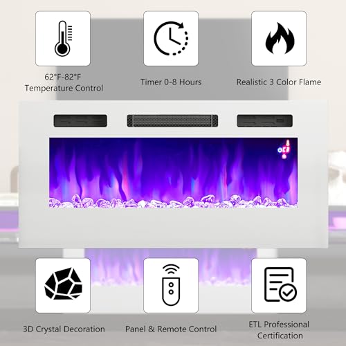 Image of AMERLIFE 80 inch Fireplace TV Stand with 40 inch Electric Fireplace | Black & White Finish, High Gloss Surface, Modern Entertainment Center, Storage Cabinets, 12 Colors LED Lights, Fits 90 inch TVs