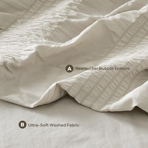 Image of JELLYMONI Seersucker Duvet Cover Set King, 3pcs Oatmeal-Wide Polyester | In Spacious Master, Couples & Pets, Crinkled Texture, Oeko-Tex Certified, 8 Corner Ties & Hidden Zipper