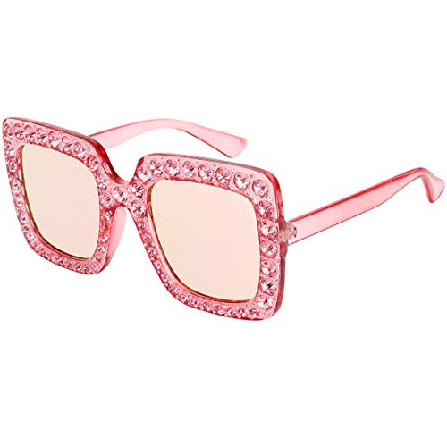 ROYAL GIRL Elton Square Rhinestone Sunglasses Oversized Diamond Bling Bling Glasses, Pink Mirrored Lens,