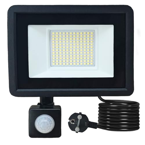 Meision Led Strahler mit Bewegungsmelder Außen 50W, Led Strahler Außen Kaltweiß 6500K, mit Stecker, Sens Funktion, Timer, IP66 Wasserdicht, Superhell Aluminium Flutlicht für hof, Garage