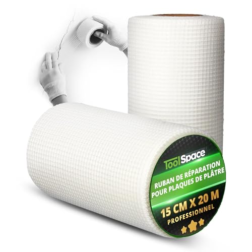 ToolSpace Bande Placo 15 cm x 20 m - Ruban de Fibre Verre avec Toile pour Plaques Plâtre - Vande Fibree Auto-Adhésif pour Joint Fissure Mur - Tissu Grillagée pour Fissure Réparation Trous Enduit
