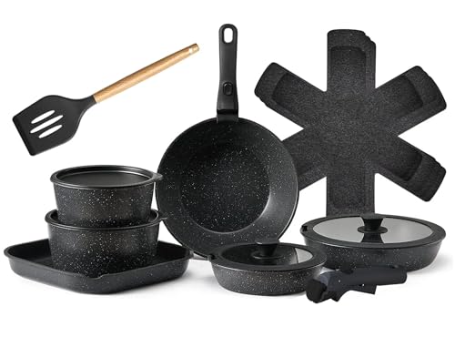 ATEK Non Stick Pots and Pans Set, 17 Piece Kitchen Cookware Set with Detachable Handle, Cooking Pan Set Induction for Gas, Camping, Oven and Dishwasher Safe, PFOA Free (Black)