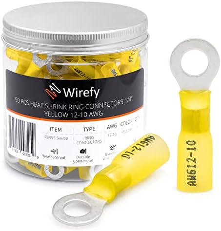 Wirefy Heat Shrink Ring Terminals 1/4" - Marine Grade Terminal Connectors - Waterproof Eyelet Wire Connectors - Red 10-12 AWG - 90 PCS