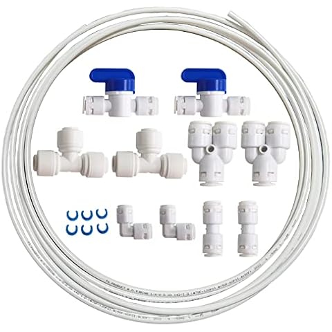 Decohomeforu 1/4" Quick Connect Water Purifiers Tube Fittings for RO Water Reverse Osmosis System & Water Filters, (Ball Valve+Y+L+I+T Type+Locking Clips)+5 Meters(16.4 feet) White Tubing Hose Pipe Cover