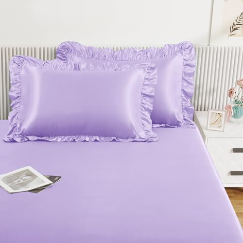 Image of Homiest Lavender Queen Ruffle Pillowcase & Satin Fitted Sheet Set 3Pcs | Silky Satin Protects Hair And Skin, 15-Inch Deep Pocket, Pearlescent Dreamy Soothing Hue, Easy Machine Wash Care