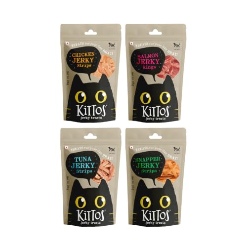 Image of Kittos Cat Treats Multi-Flavour Pack High Protein Cat Snacks with Chicken Salmon Rings Tuna Jerky & Snapper Jerky Strips Pack of 4 35g Each Healthy Training Treats