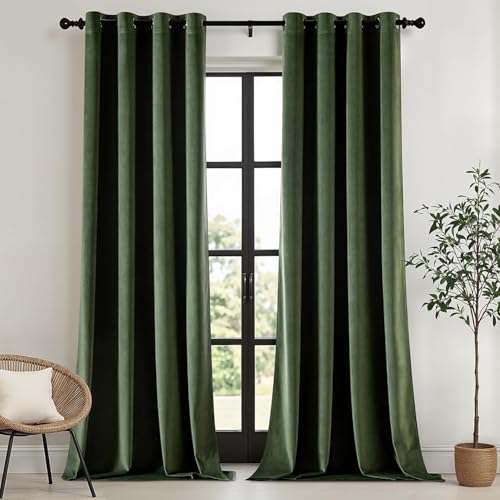 MIULEE Olive Green Velvet Curtains for Bedroom 2 Panel Set 90 Inch Drop Curtains, Soft Elegent Home Decor Velvet Curtain Living Room, Sun Blocking Room Darkening Thermal Eyelet Curtain 66x90 Inch