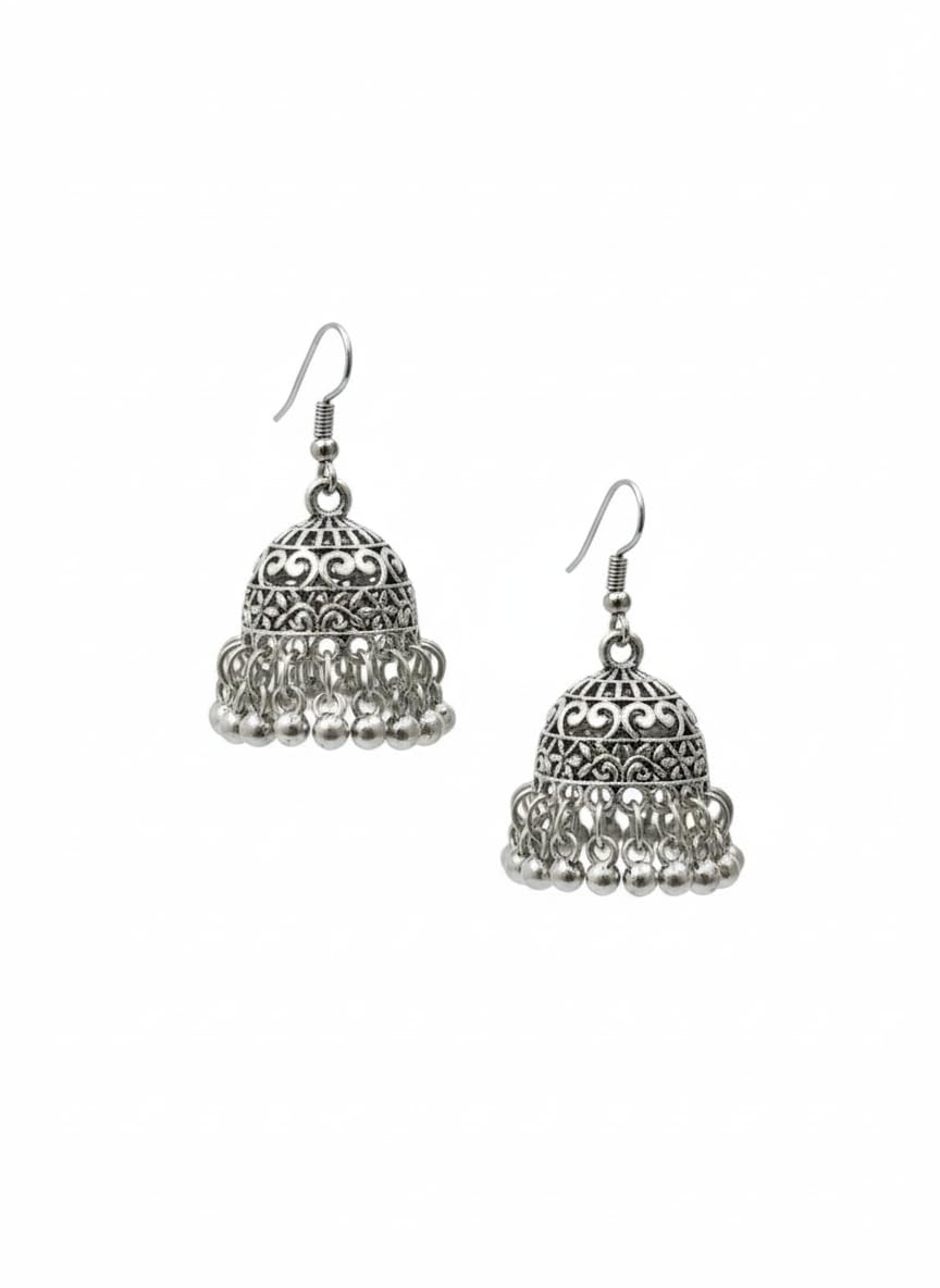 Traditional Oxidized Silver Jhumka Earrings, German Silver Bohemian Style Bell with Filigree Detailing and Bead Drops-picture-23
