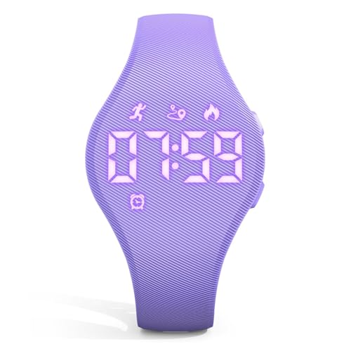 Focwony Digitale Fitness-Tracker-Uhr für Kinder mit LED-Anzeige, für 5–15 Jahre, wasserdichte Armbanduhr ohne App, mit Schrittzähler, Wecker, für Kinder, Jungen, Mädchen, Teenager (Lila)
