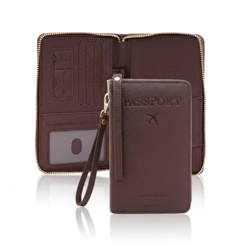 Image of Mensch Faux Leather Travel Passport Holder, RFID Blocking Premium Travel Document Organiser with Secure Zipper Closure Passport Cover & Travel Accessories for Men & Women (D.Brown)