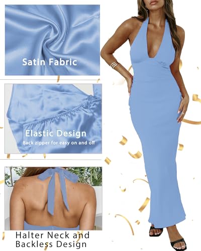 Image of Women's Satin Dresses Summer Bodycon Sexy Halter V Neck Backless Elegant Formal Prom Cocktail Wedding Guest Maxi Dress