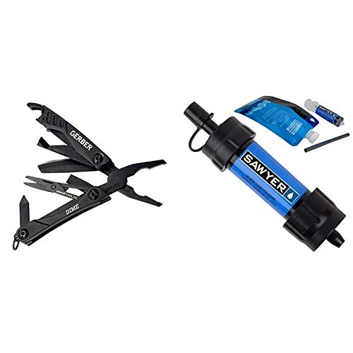 Gerber Gear 30-000469N 12-in-1 Dime Multitool Mini, Needle Nose Pliers Pocket Knife Keychain, Bottle Opener, EDC Gear, Black & Sawyer Products SP128 Mini Water Filtration System, Single, Blue