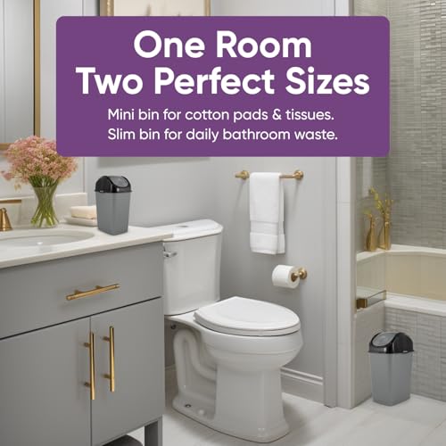 Image of Superio Mini 1.25 Gallon and Small 2.5 Gallon Plastic Trash Cans with Swing Top Lid, Grey Waste Bin for Countertop, Desk, Vanity, Bathroom, 2 Pack (Grey /Black)