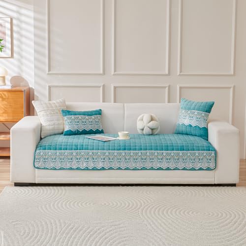 Image of HOKIPO 'BelleLace Series' Imperial Milk Velvet Sofa Cover Mat for 1 Seater Sofa, Lace Design, Teal (AR-5962-TEAL*1)