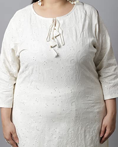 Image of Rajnandini Women's Pure Cambric Cotton Embroidered Plus Size Kurta Set With Dupatta (JOPLVL214X Off-White)