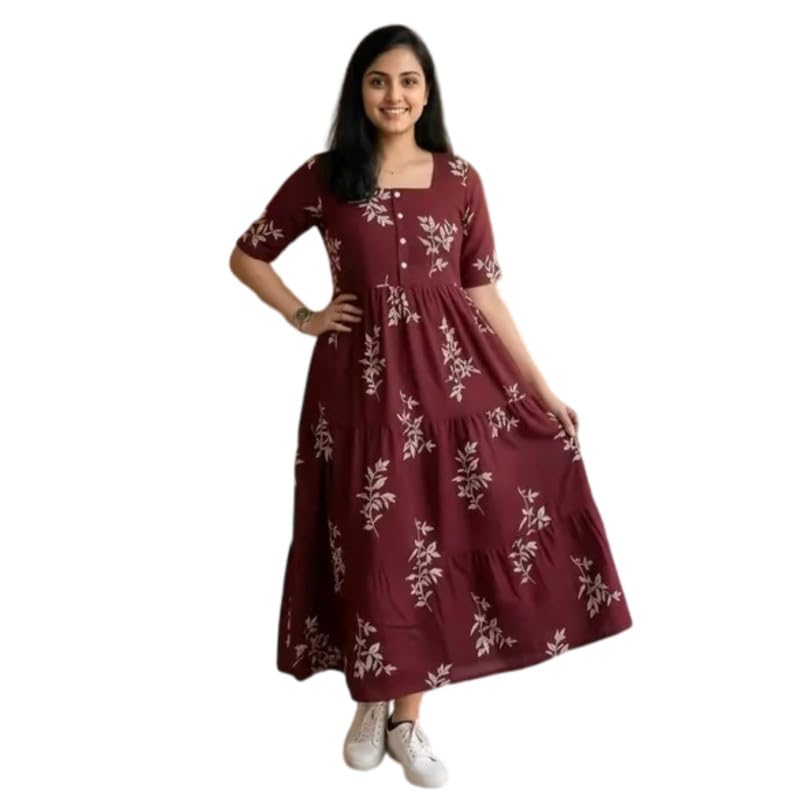 Women's Rayon Floral Printed Square Neck Elbow Sleeves Maroon Midi Length Flared Dress-image-36