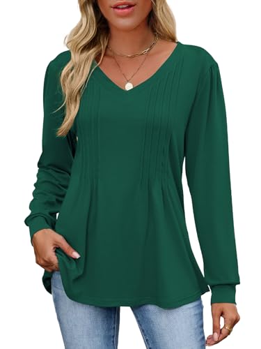 VUTRU Long Sleeve Tops for Women V Neck Cute Tunic Dressy Blouses for Casual Fall Winter Shirt, Green L