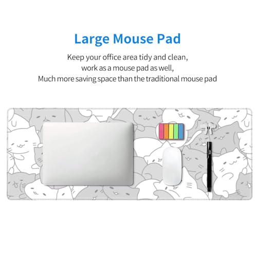 Image of White Kawaii Cats E-Sport Mouse Pad Large Desk Mat Non-Slip Rubber Base Stitched Edge Keyboard Mouse Pad for Office Home E-Sport Computer Laptop, 31.5x11.8 Inches