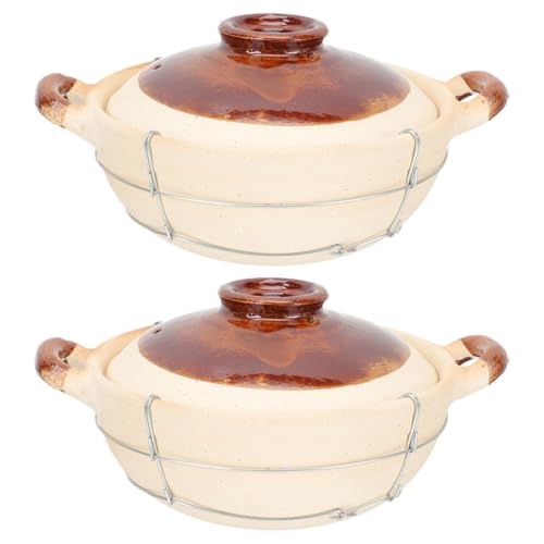 BETOOKY Cazuela de Barro para Cocinar con Mango Ergonómico, Capacidad 0.5l, Color Claro, Juego 2 Piezas con Tapa, Olla Individual para Arroz y Guisos en Cocina Doméstica