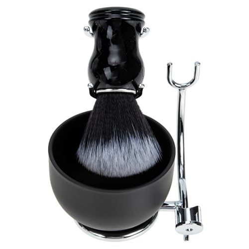 ULTECHNOVO Afeitado Masculino con Brocha Ergonómica y Cuenco para Espuma Densa y Cremosa Soporte de Aleación de Hierro Negro y Plata Kit para Suavizar Barba y Bigote Accesorios de Cuidado