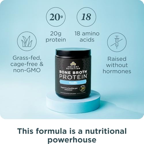 Image of Ancient Nutrition Grass Fed, Bone Broth Protein Powder, 20g Protein, Hydrolyzed Collagen Peptides, Keto & Paleo Friendly, Supports Joint, Gut Health, Vanilla, 15 Servings