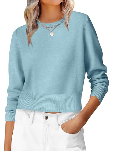 ANRABESS Women’s Long Sleeve Sweaters Cropped Crew Neck,Light Blue,S