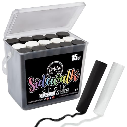 Loddie Doddie 15ct Bucket of Black & White Jumbo Sidewalk Chalk - Non-Toxic Sticks - Reusable Bucket for Fun & Creativity with Easy Cleanup
