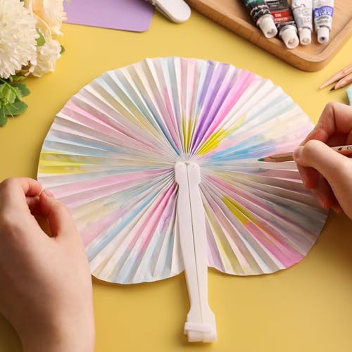 JOHOUSE 12PCS Folding Handheld Fans, White Paper Fans Bulk Round Shaped Accordion Fans with Plastic Handle for Wedding Birthday Party DIY Supplies