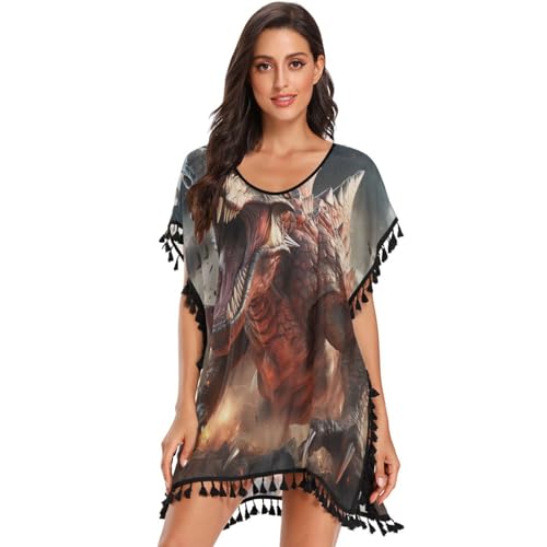 KAAVIYO Cartoon Angry Dinosaur Women's Beach Cover Up Chiffon Tassel Swimwear Swimsuit Coverups for Girl