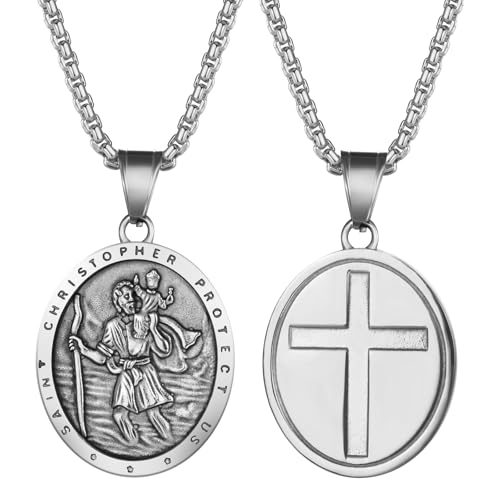 Rofusn St. Christopher Medal Necklace for Men: Silver Stainless Steel Religious Protection Cross Amulet Pendant for Women Travelers Adventurers