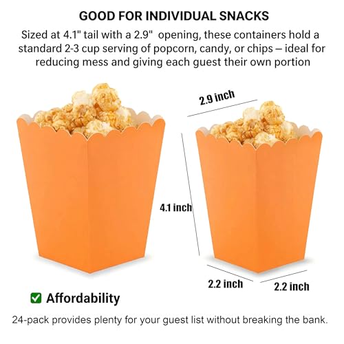 Image of AimtoHome Orange Popcorn Boxes 24 Pack, 4.1 inch Disposable Snack Containers for Movie Night, Birthday Party Favors, Carnival Concession Supplies
