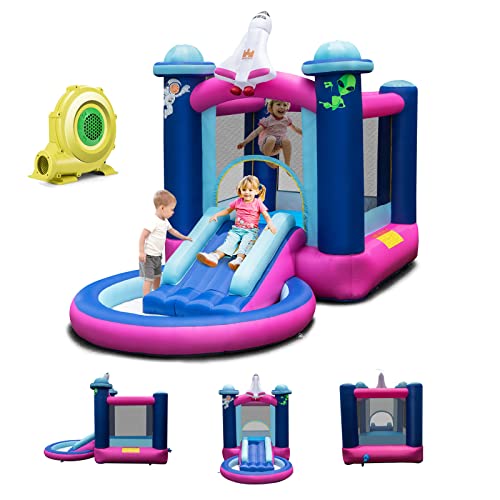 GOPLUS - GOPLUS Château Gonflable Astre Vaisseau Spatial, Aire de Jeux Aquatique Gonflable avec Zone de Saut, Toboggan Piscine pour 3 Enfants de 3 à 10 Ans, Jusqu’à 135KG (avec Souffleur)