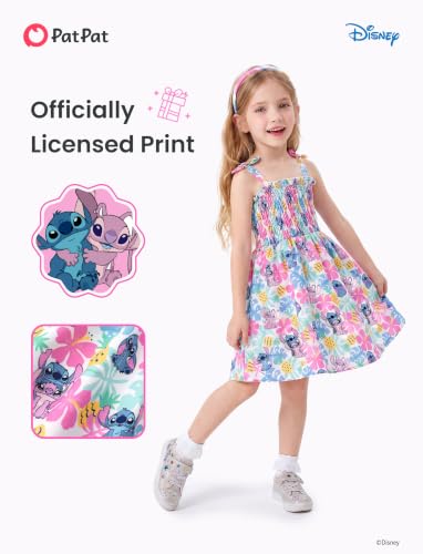 Image of Disney Princess Frozen Elsa Minnie Stitch Toddler Girl Dress Bow Tie Straps Smocked Summer Outfit Birthday Party Clothes 2-9Y