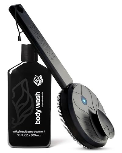 Black Wolf Body Wash & Sonic Scrubber Pro Kit for Men - Vibrating Face & Body Brush with Charcoal Powder Shower Gel Water Resistant Massage Brush & Salicylic Acid Body Wash Rich Lather & Deep Clean