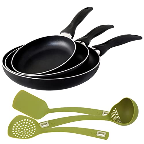 San Ignacio - Set Sartenes Navy Black 16/20/24 Cms. Aluminio Prensado, Inducción, Y Kit De Utensilios De Cocina: Espatula / Cucharón / Espumadera, En En Oferta Set Sartenes 16/20/24 Cms -Y Kit De Utensilios De Cocina Marca San Ignacio