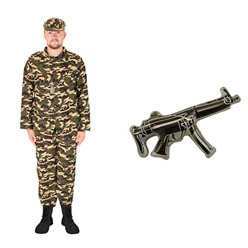 Disfraz de ejército para hombre con una pistola inflable. Disfraz de soldado de hombre para hombre. Chaqueta de ejército camuflaje + pantalones a juego + gorro de ejército a juego (Grande)