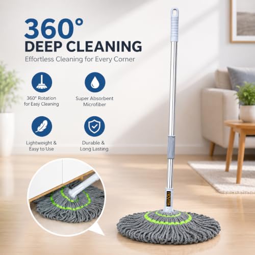 Image of Novita Self-Wringing Twist Mop - Easy Squeeze Floor Cleaner with 360 Degree Rotation, Extendable Stainless Steel Long Handle & Super Absorbent Microfiber Heads for Cleaning