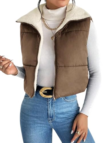Verdusa Women's Faux Fur Teddy Vest Jacket Sleeveless Zip Up Fuzzy Cropped Coats