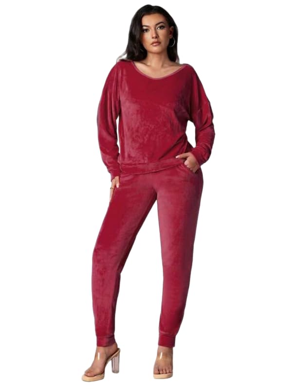 PATAKADEVI Women’s Velvet Two Piece Set Solid Color Long Sleeve Pullover Sweatshirt and Cuffed Jogger Pants Matching Loungewear Outfit for Comfortable Style-image-20
