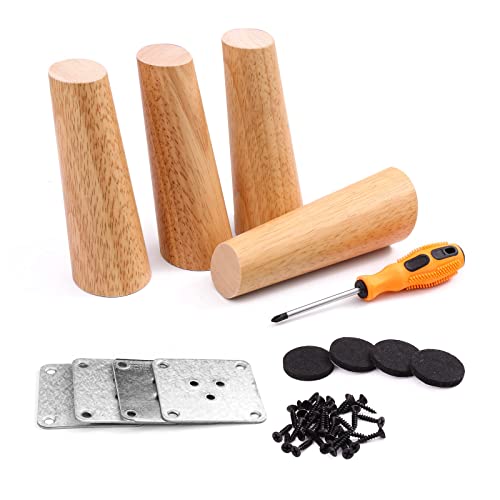 LONGZG Lot de 4 Pieds de Table en Bois Massif avec plaques de Montage et vis, Pieds de Meubles en Bois Massif effilés obliques pour canapés, armoires, chaises et Lits. (15cm, Couleur Bois) Cover