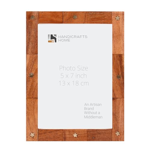 Handicrafts Home Vintage Wooden Picture Frame 5x7, Rustic Frame with Star Inlay For Tabletop, Desk & Office & Living Room, Gift For Christmas, Handmade Boho Chic Home Decor (Brown)