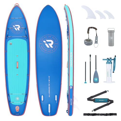 iROCKER All Around 11 8.0 Inflatable Stand Up Paddle Board Premium SUP and Accessories - Made for All Skill Levels - Speed and Stability - Blue Wave