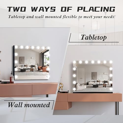 Image of Vanity Mirror with Lights Lighted Makeup Mirror with 15 Dimmable LED Bulbs,3 Color Lighting Modes,USB Charging Port Touch Control,Sturdy Metal Frame Design 22.8x18 Inch,Black