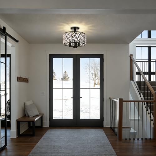 Image of FRIDEKO HOME Black Crystal Ceiling Light - 3-Light Light Fixture Ceiling Mount Semi Flush Mount Ceiling Lights for Kitchen Bedroom Hallway Living Room Dining Room（3 Light-Black）