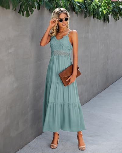 Image of Dokuritu Women's Beach Crochet Lace Maxi Dress Solid Color Summer Vacation Wedding Guest Spaghetti Strap Long Dress