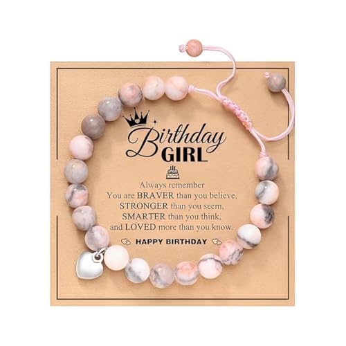BIRLOZA Pulseira de pedra natural rosa cartão de joalharia presentes de aniversário para meninas ideias de presentes de aniversário para filhas presentes para melhores amigas